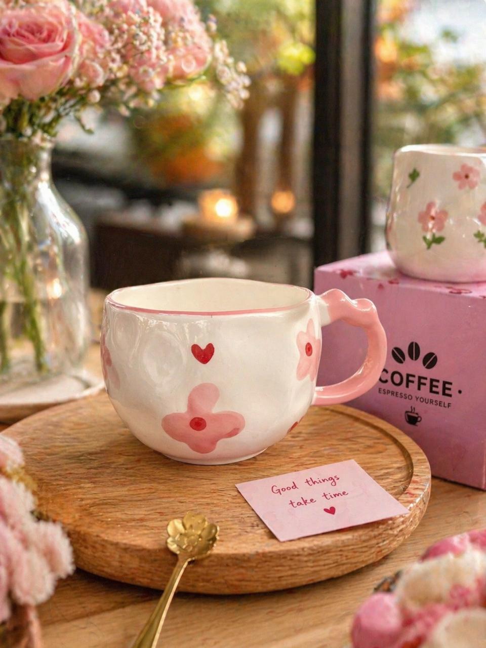 Cute Floral Ceramic Coffee Mug – Pink Flower Tea Cup