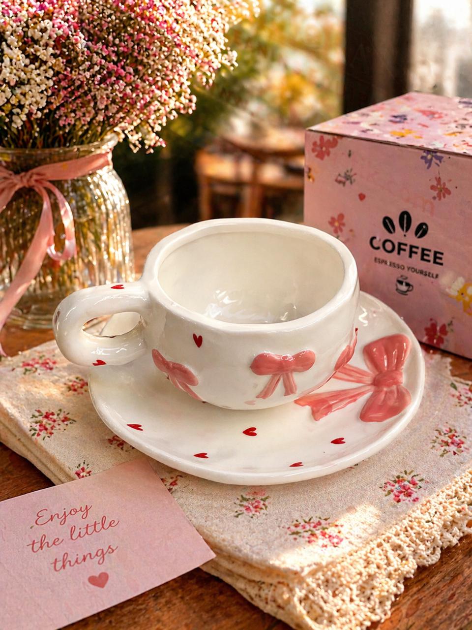 Cute Bow Ceramic Cup & Saucer Set – Pink Ribbon Coffee Mug