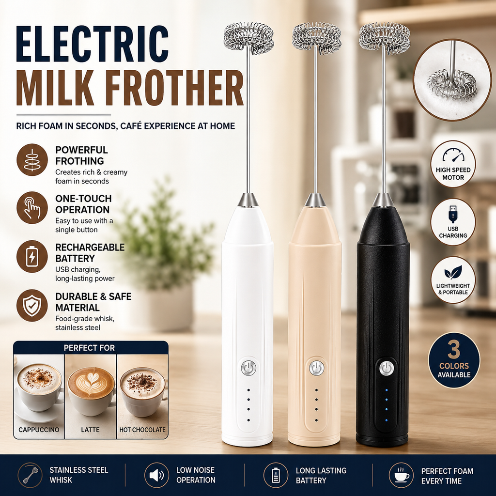 Electric Milk Frother – Handheld Coffee Foam Maker (3 Colors)