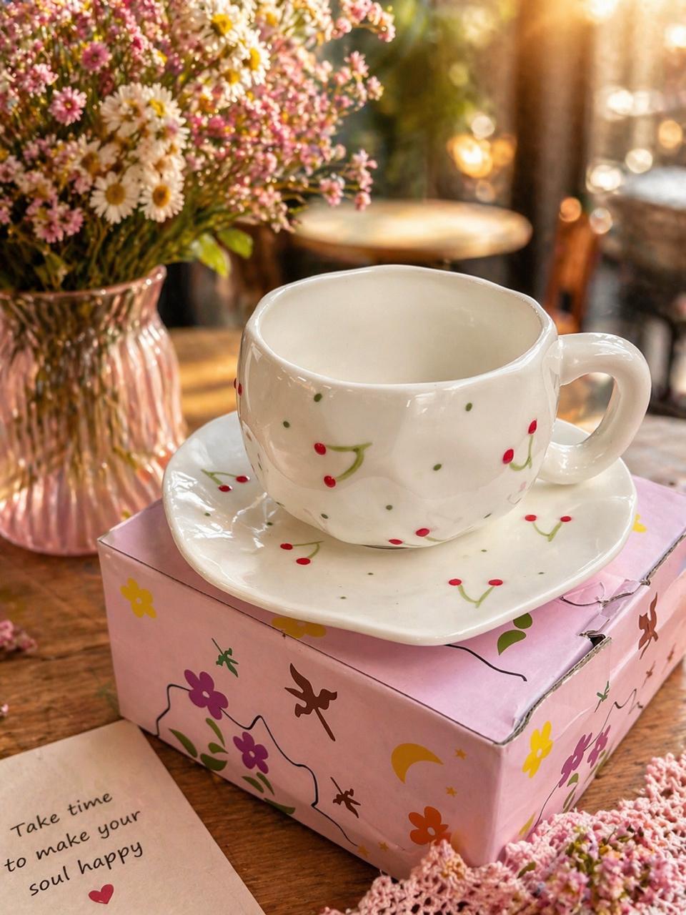Cherry Ceramic Cup & Saucer Set – Cute Coffee Mug Gift Set