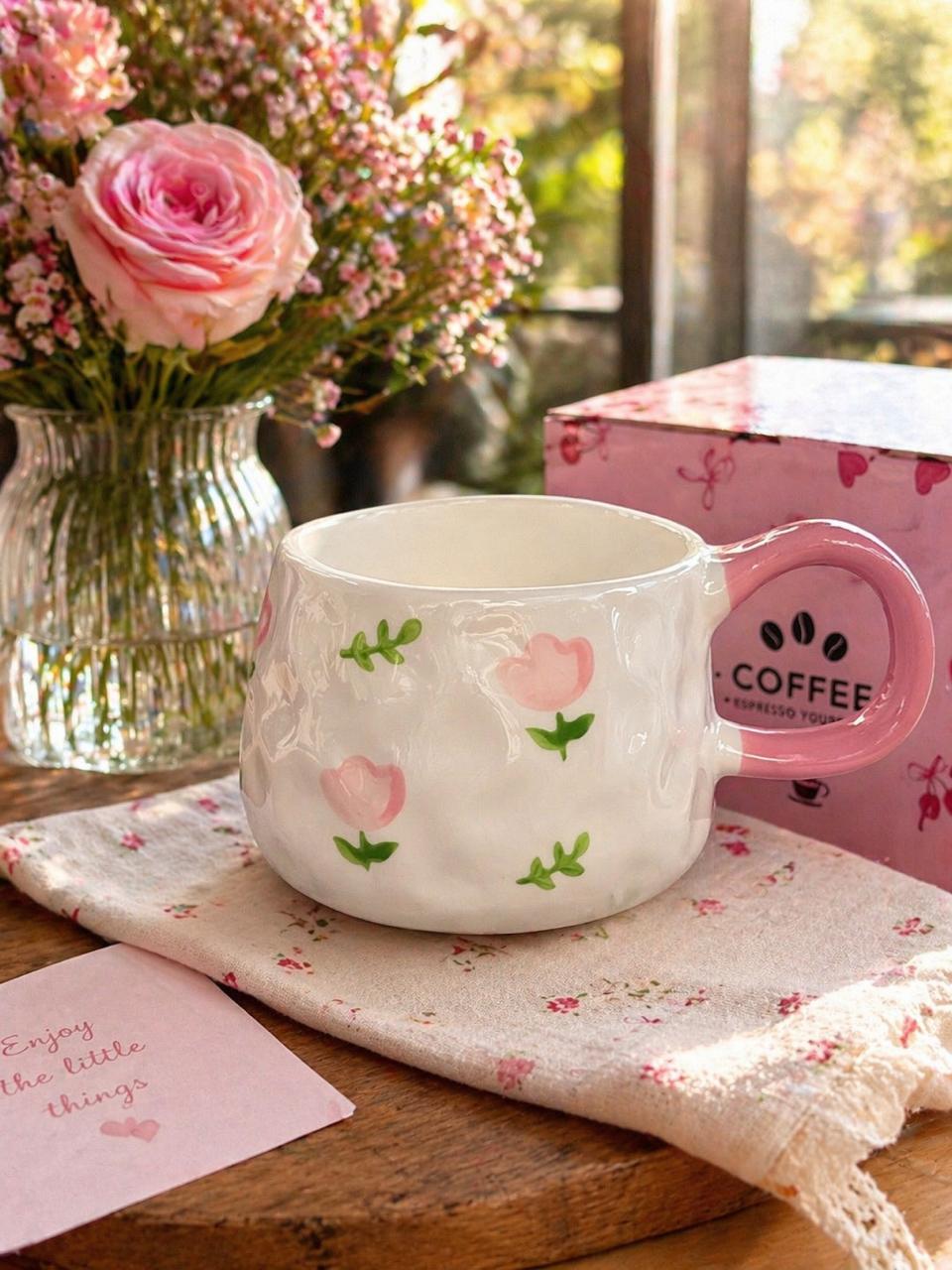 Cute Floral Ceramic Mug – Pink Blossom Coffee & Tea Cup