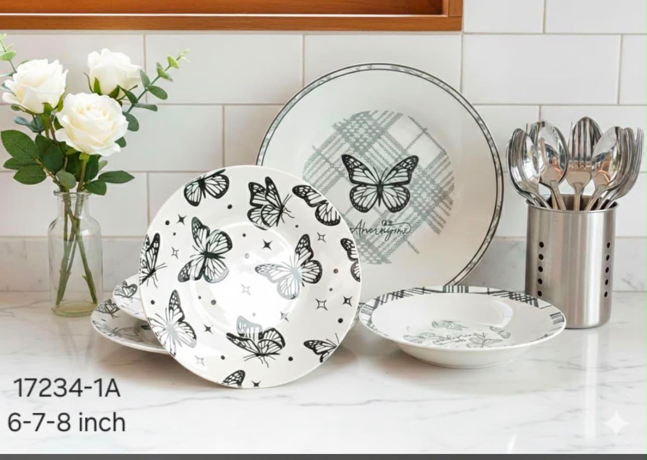 36 PCS Ceramic Dinner Set – Black & White Design