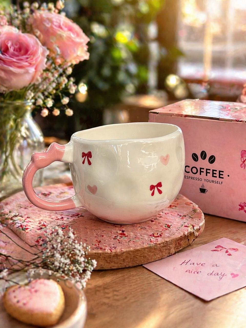 Cute Bow Ceramic Coffee Mug – Pink Handle