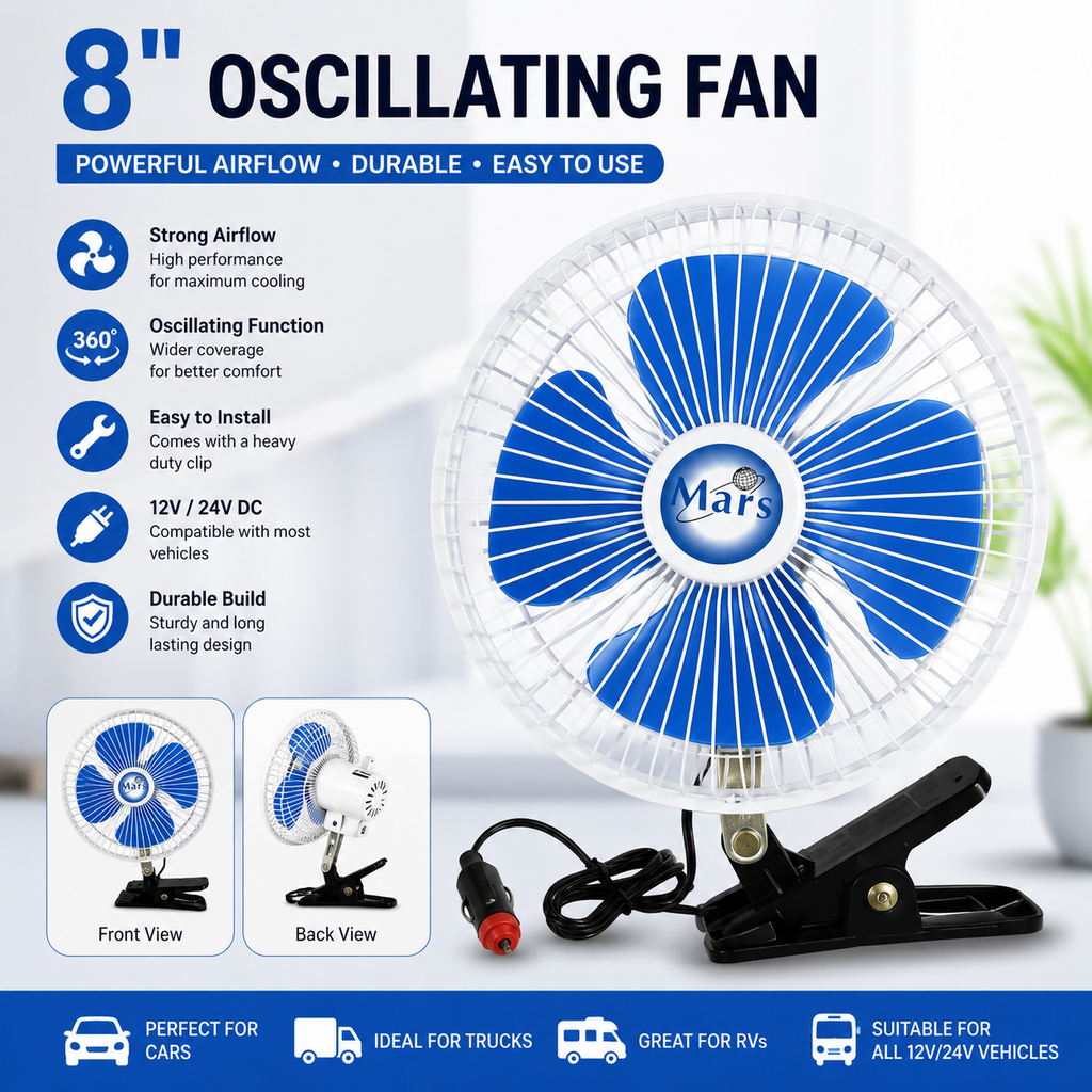 8” Oscillating Car Fan – 12V Clip-On Cooling Fan